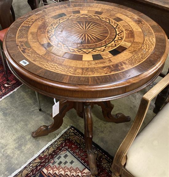 A Victorian circular specimen wood tilt top tea table, 72cm diameter, height 72cm